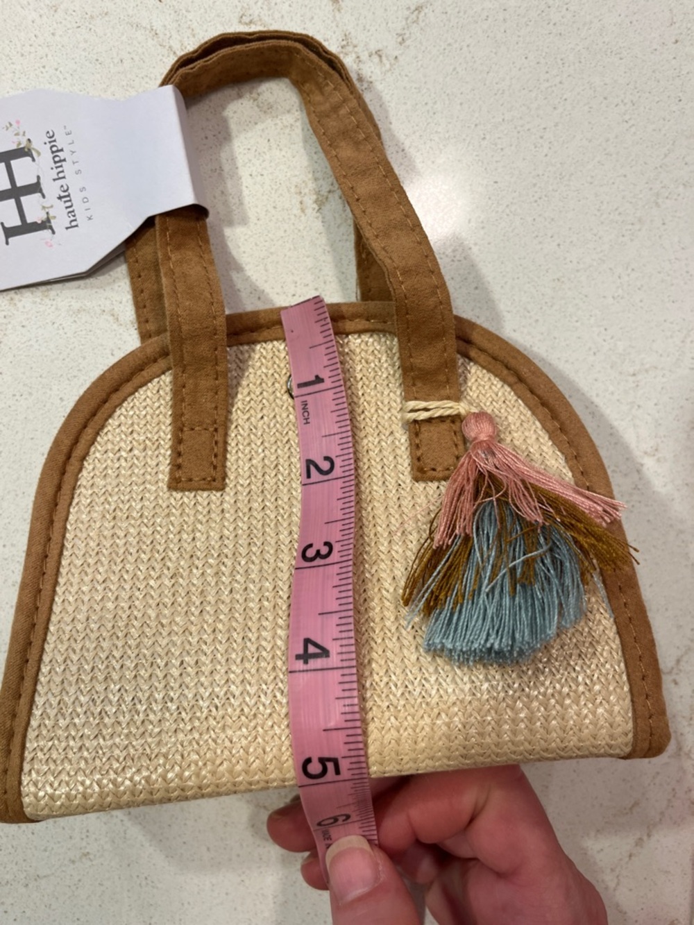 Haute Hippie Straw Mini Tote with Tan Trim and Blue Pink Tassel - Picture 6 of 7